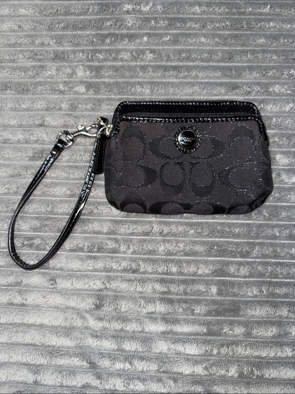 Coach Black Signature Wristlet Pouch with Patent Trim